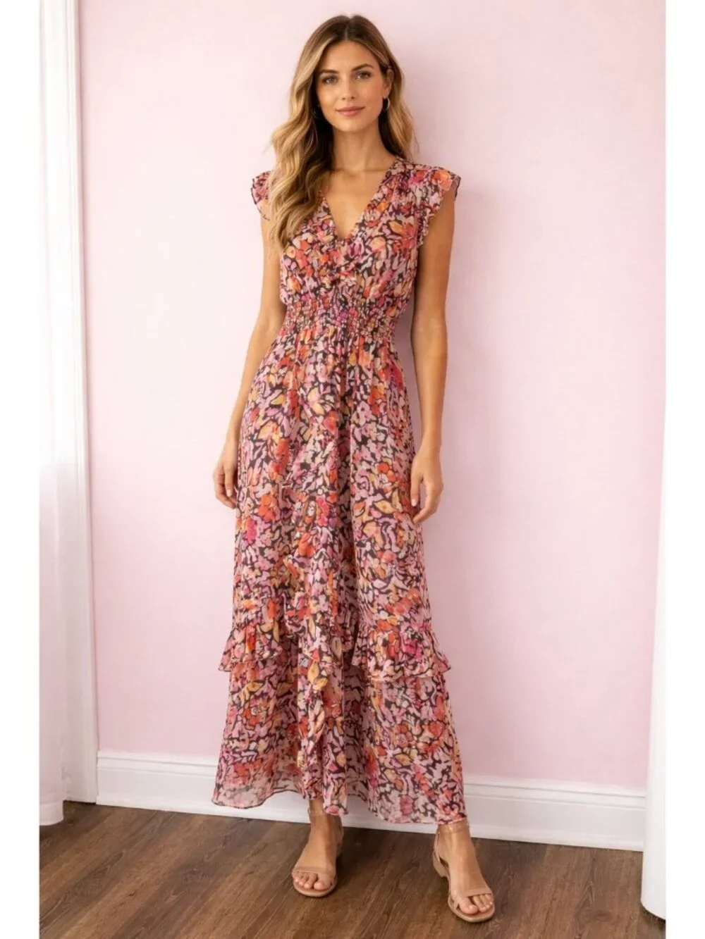 Misa Los Angeles Women's Floral V Neck Maxi Dress Orange Pink Size medium - Picture 1 of 5